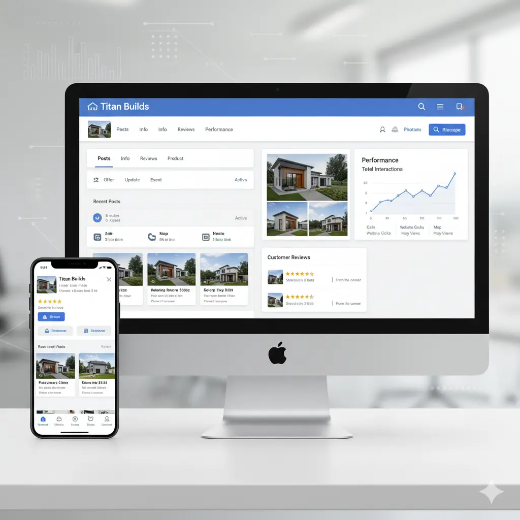 Google Business Profile dashboard showing Titan Builds contractor profile with posts, photos, reviews, and performance metrics