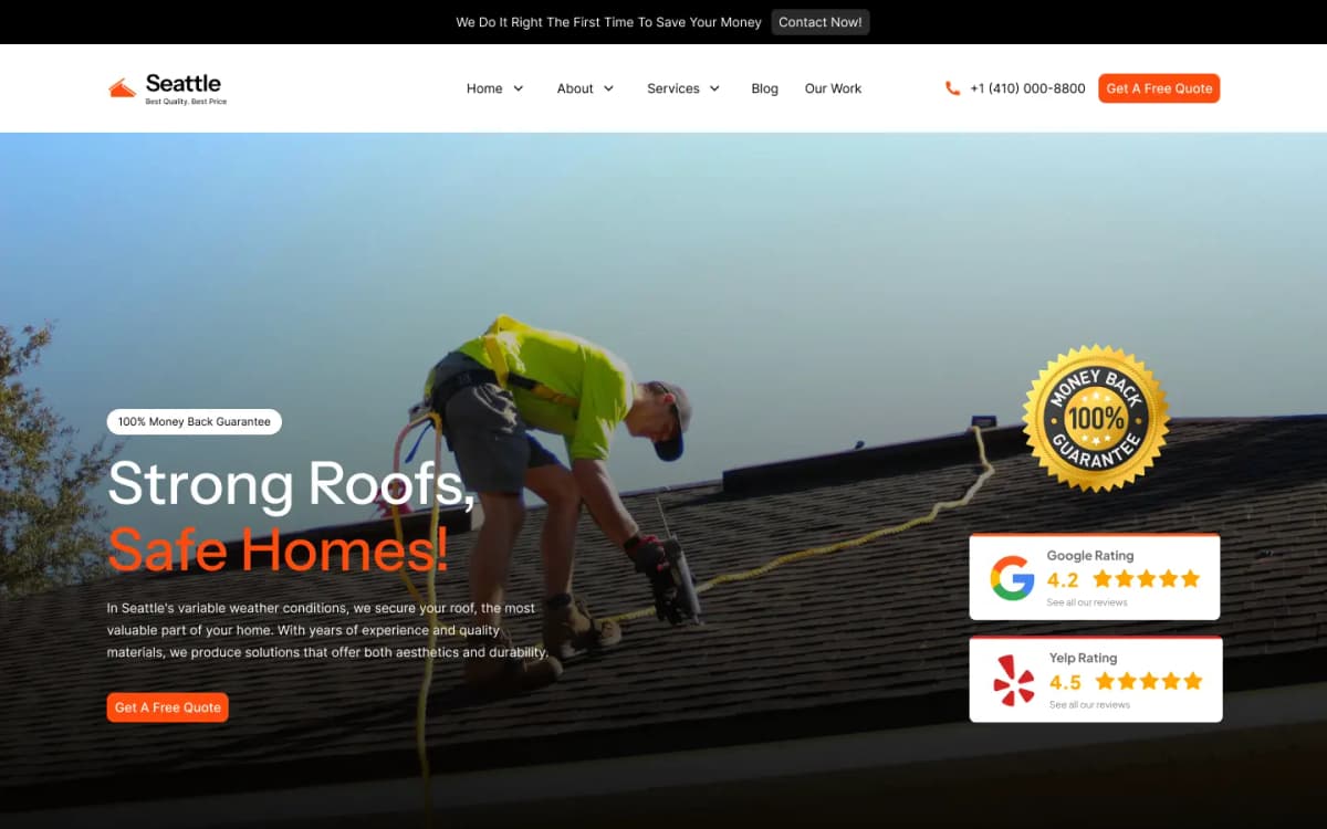 Seattle roofing contractor website example showing professional hero section with strong branding, clear messaging, and lead capture